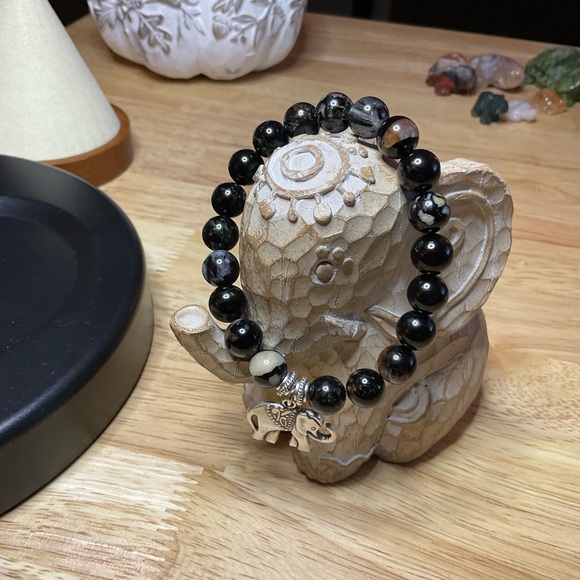 Black Tourmaline (8 mm)with Silver Elephant Charm and Spacers - Picture 6 of 7